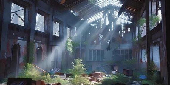 Verlassene Industriehalle mit Pflanzen, Trümmern und einfallendem Licht